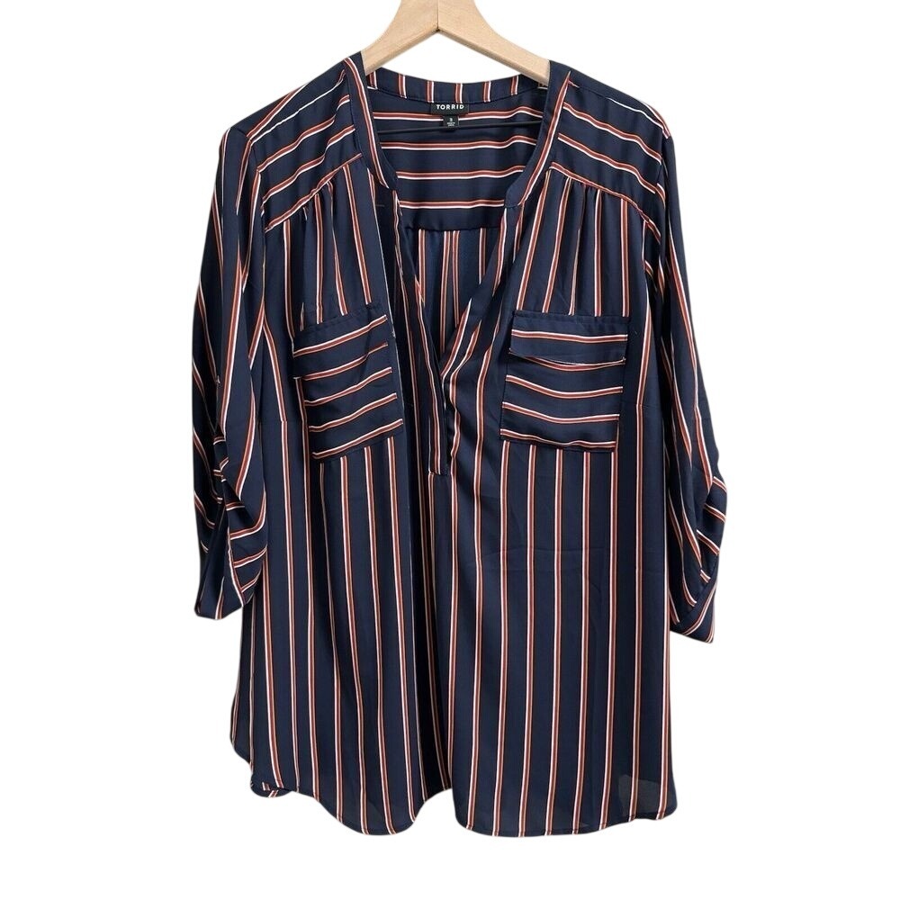 Torrid Women Size 3 Red Navy Striped Harper Georgette Pullover 3/4 Sleeve Blouse